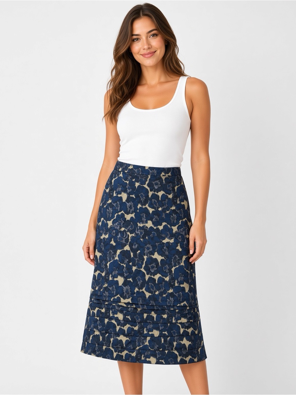 Banana Republic Navy and Beige Floral Midi Skirt